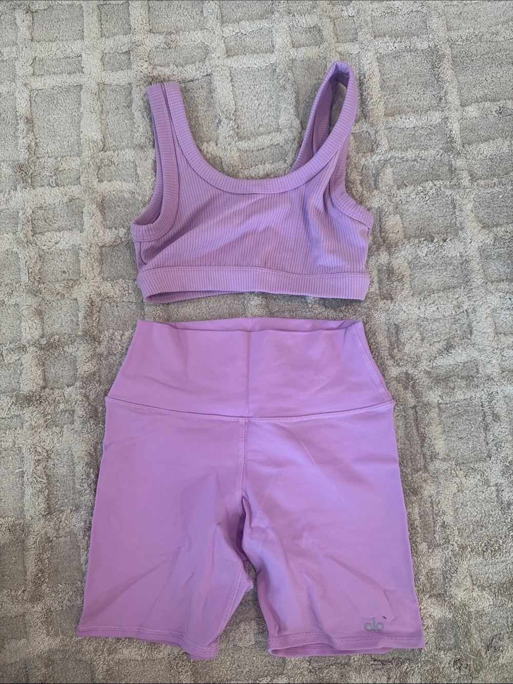ALO Yoga Lilac Ribbed Sports Bra and High-Rise Bike Shorts Set